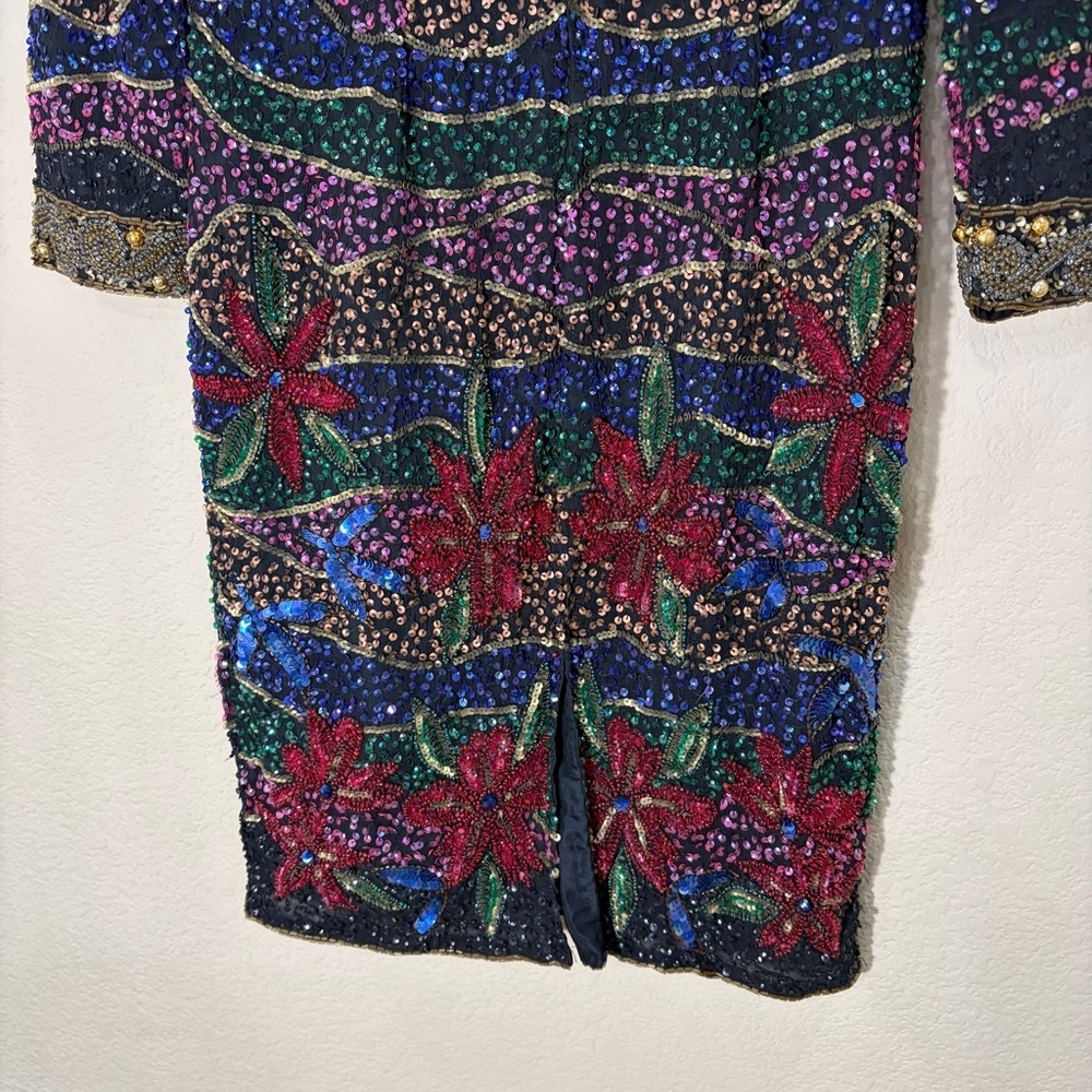 VTG sequined 1980s INDUS V silk beaded Multi Florals disco dress Party 15” PTP - Picture 4 of 16